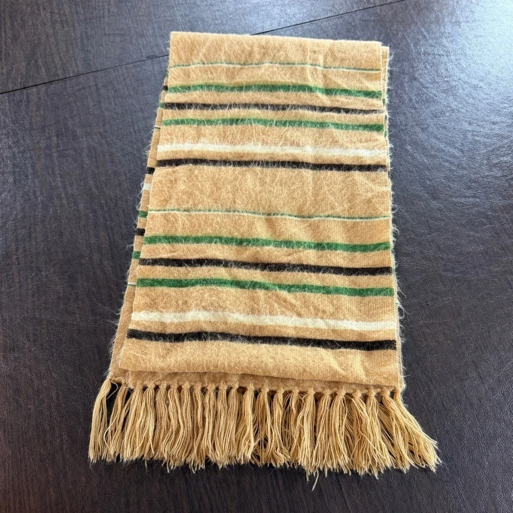 Vintage W H Block Striped Tan and Green Scarf with Fringe 79” x 11”